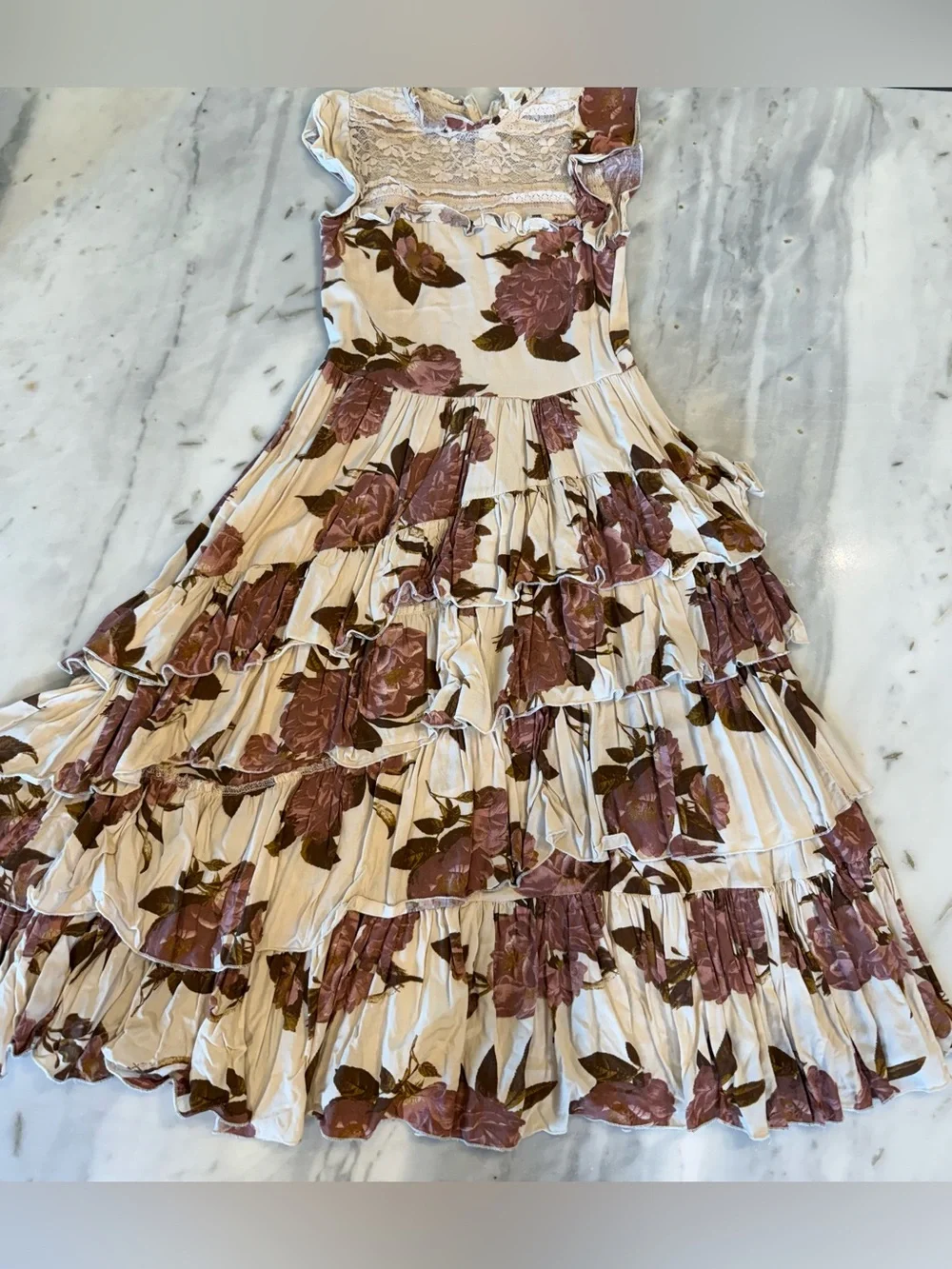 Joyfolie Cream and Mauve Floral Ruffle Tiered Dress